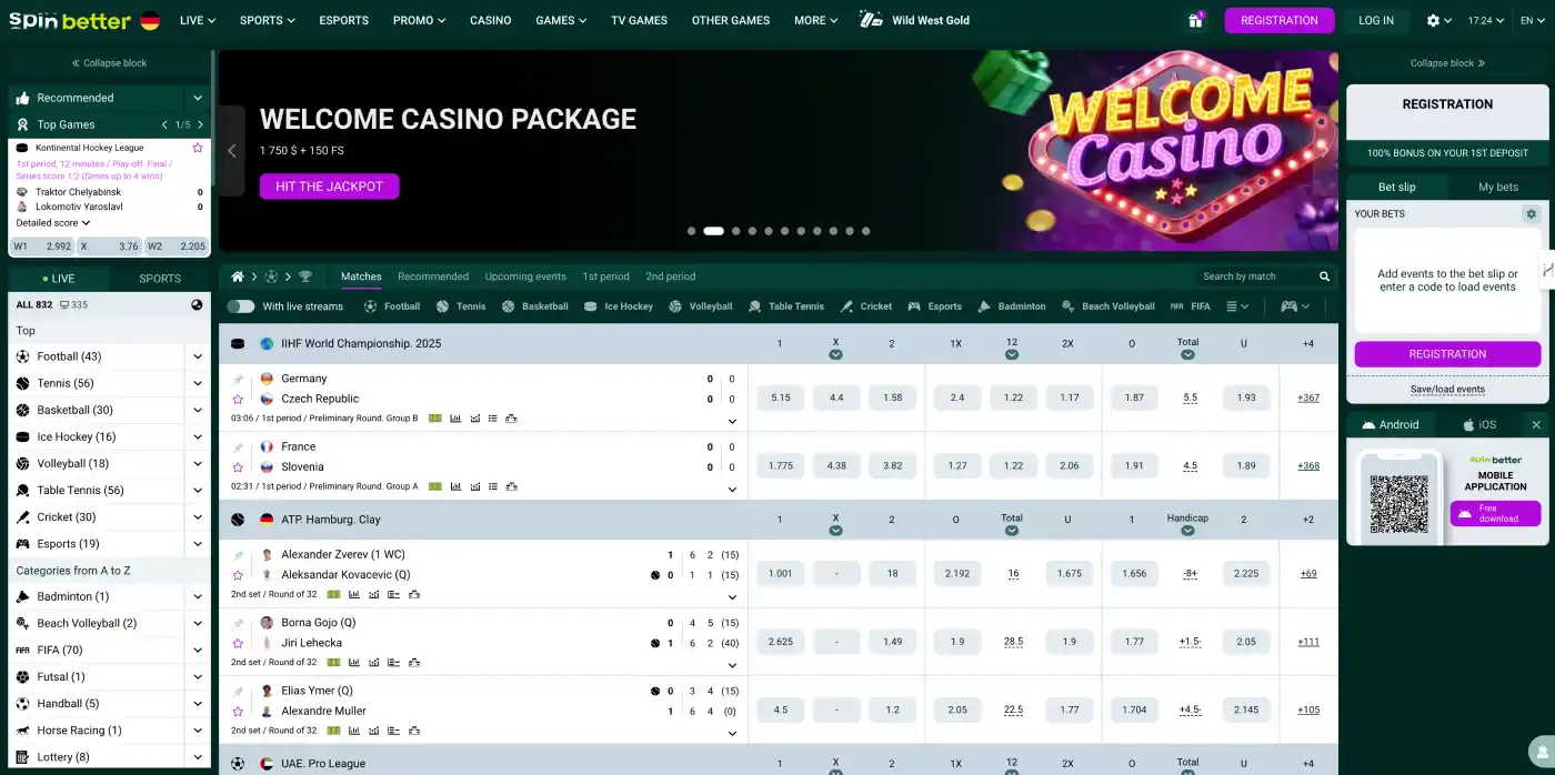 Current SpinBetter sportsbook interface in an Australian account context