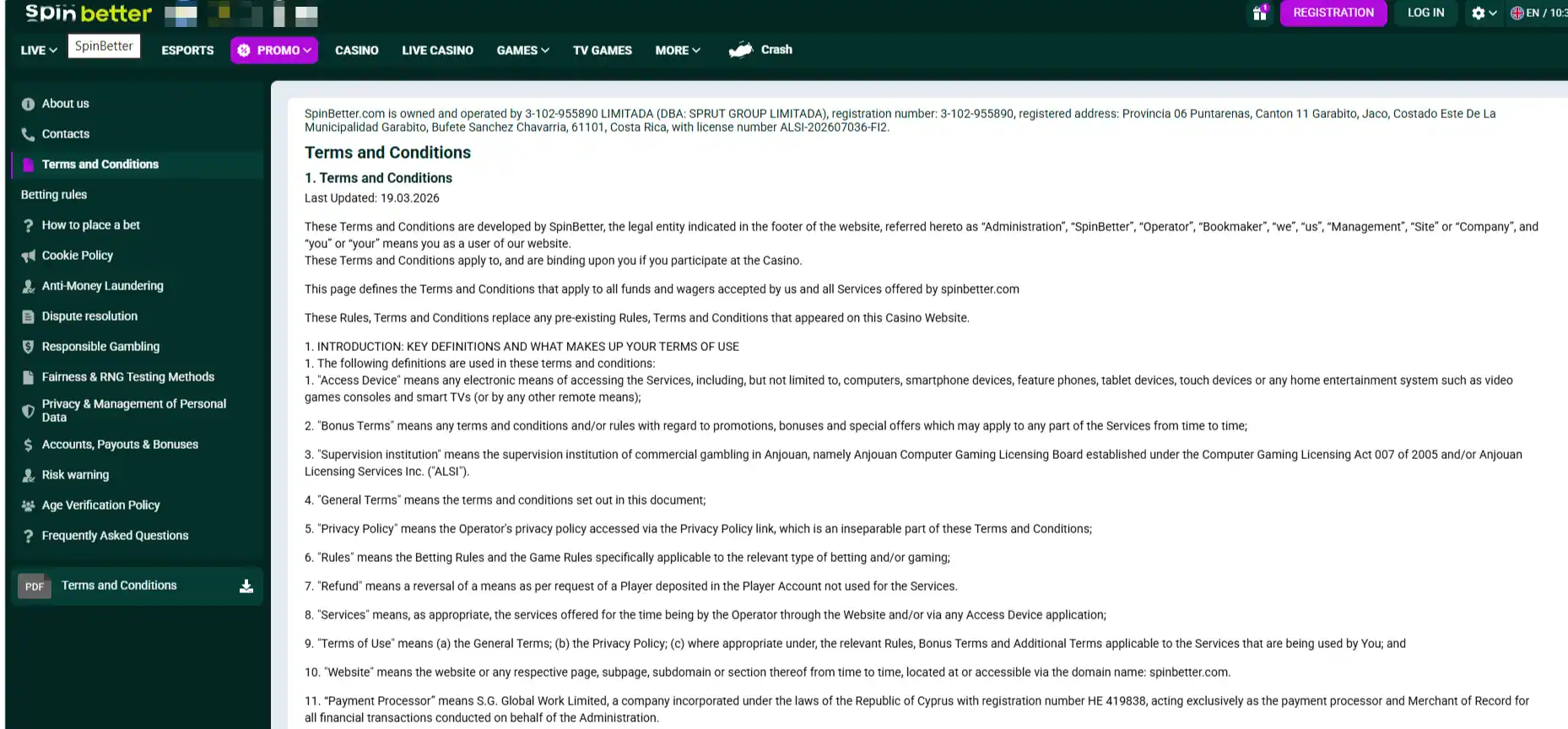 Current SpinBetter operator terms or primary licence evidence