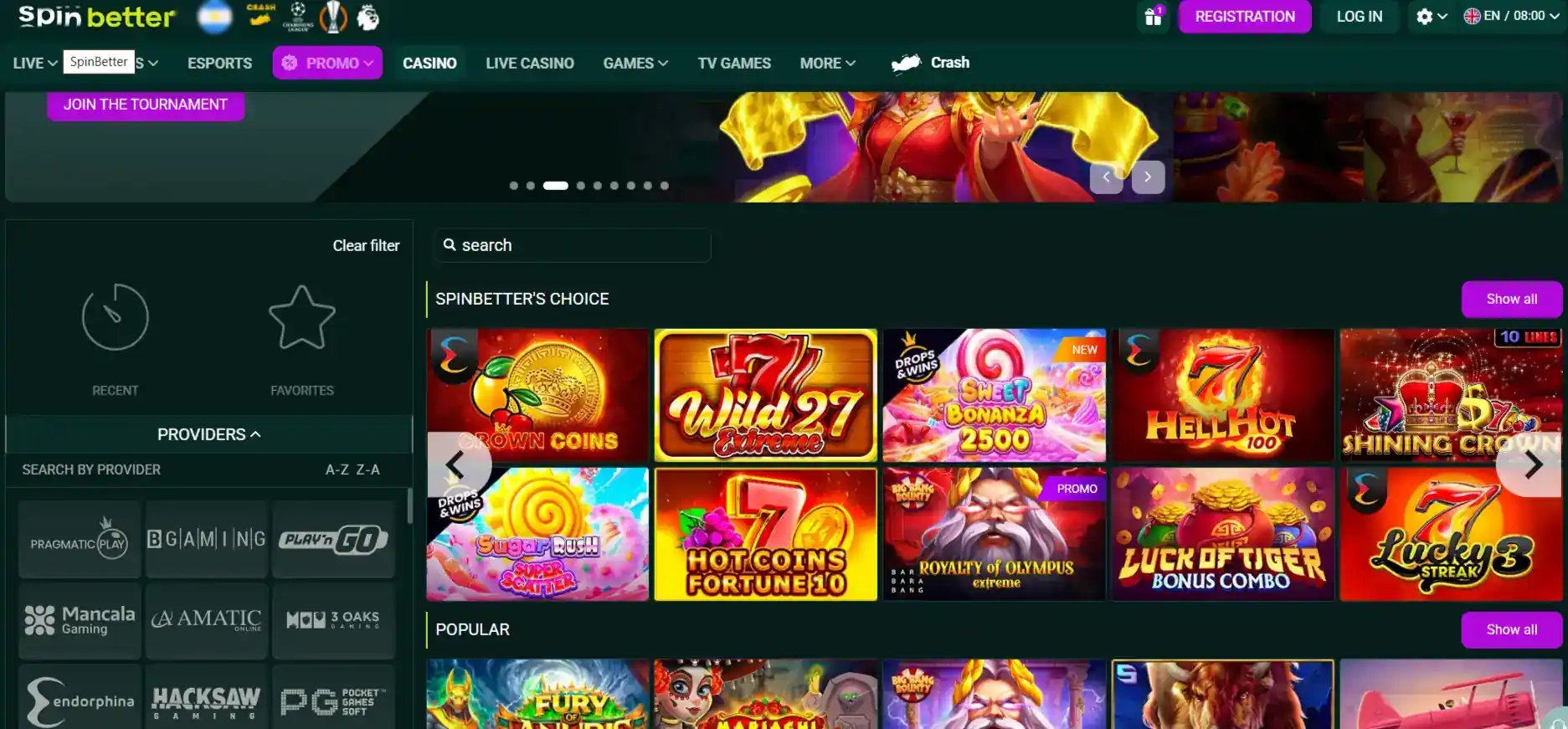 Current SpinBetter casino lobby showing its real category navigation